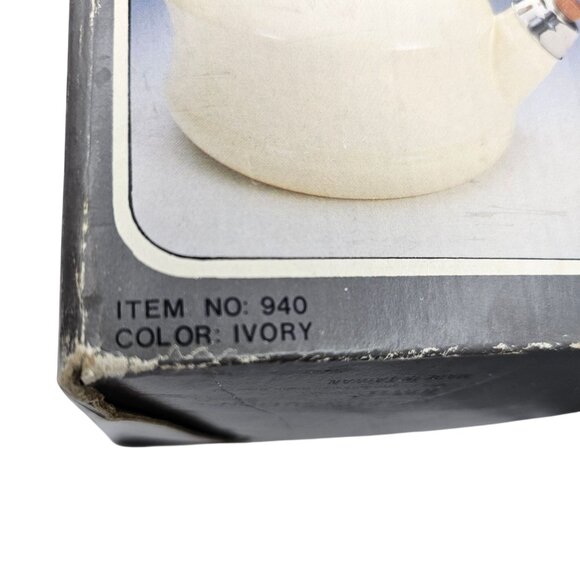 Vintage 1983 2 Qt Whistling Tea Kettle Porcelain Enamel Ivory W/Box Towle - Picture 7 of 16